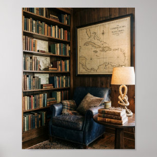 Affiche Coin de lecture nautique cosy carte de la mer des 