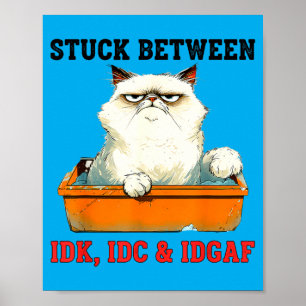 Affiche Coincé entre Idk Idc Idgaf Amateur de Chat Drôle