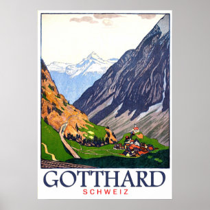 Affiche Col du Gothard, Suisse, village, vintage