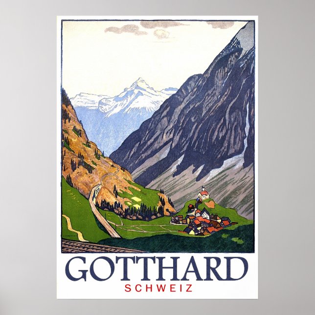 Affiche Col du Gothard, Suisse, village, vintage (Devant)