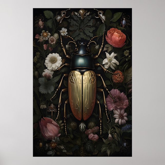 Affiche Coléoptère doré dans un jardin de fleurs sombres,  (Devant)