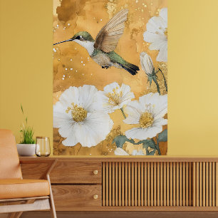 Affiche colibri à gorge rubis femelle fleurs blanches