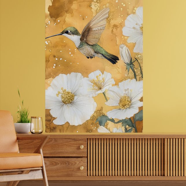 Affiche colibri à gorge rubis femelle fleurs blanches (Salon 2)