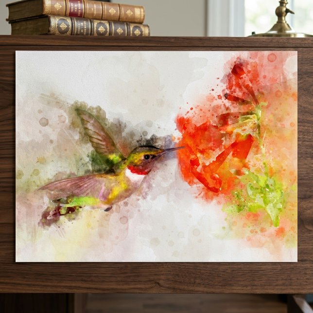 Affiche Colibri à l'aquarelle se nourrissant d'une fleur v (Watercolor Hummingbird Feeding on Vibrant Flower. Poster)