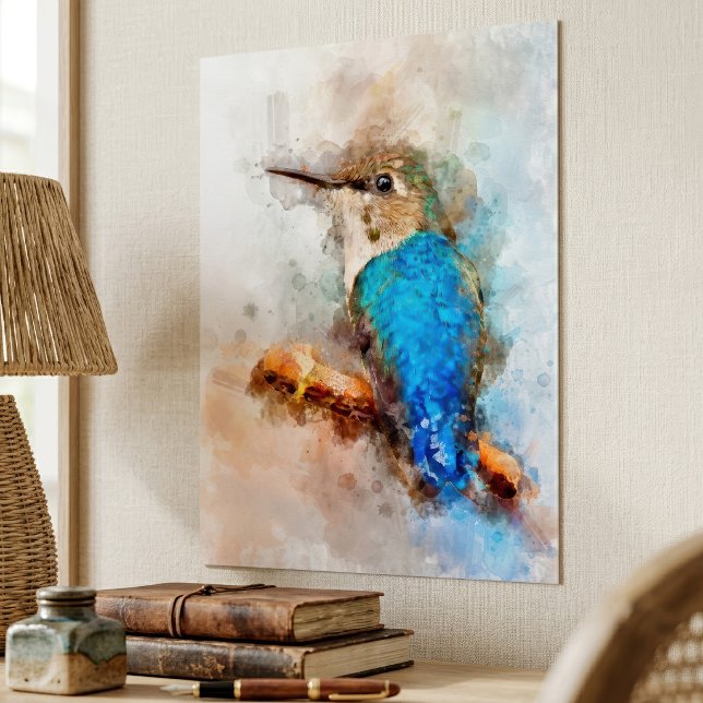 Affiche Colibri aquarelle vibrant oiseau sur une branche (Vibrant Watercolor Hummingbird Bird on a branch. Poster)