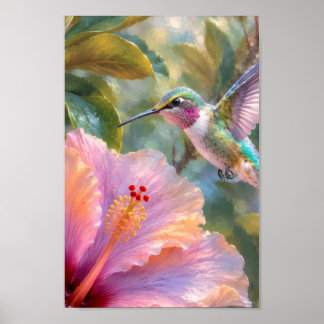 Affiche Colibri avec aquarelle d'Hibiscus