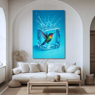 Affiche Colibri Coloré à l'Intérieur d'un Cube de Glace Né
