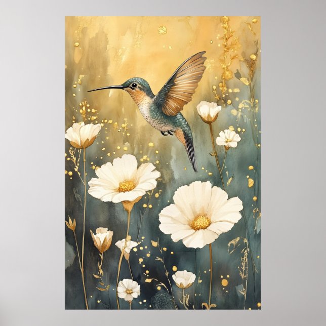 Affiche colibri en plein vol au milieu de fleurs blanches  (Devant)