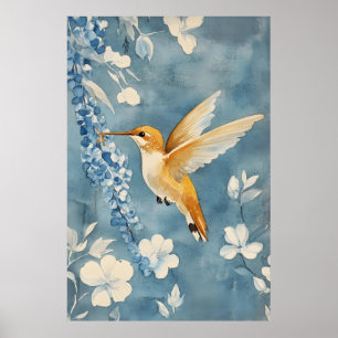 Affiche colibri en vol parmi des fleurs blanches