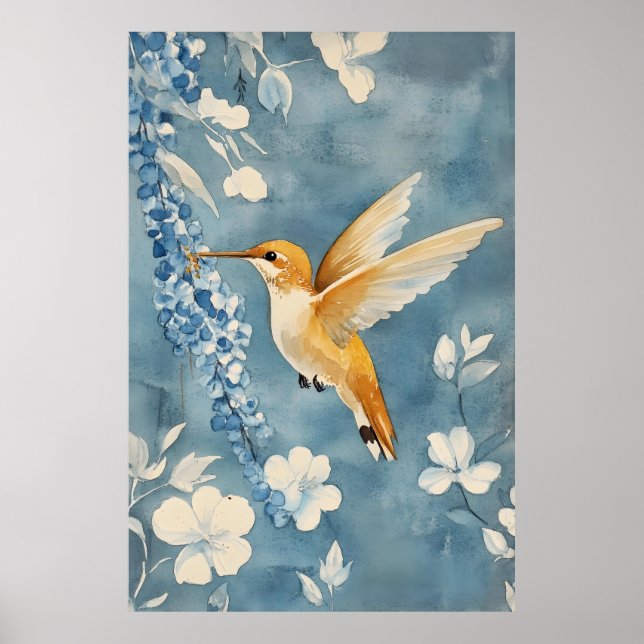 Affiche colibri en vol parmi des fleurs blanches (Devant)