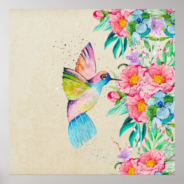 Affiche Colibri et fleurs d'aquarelle (Devant)