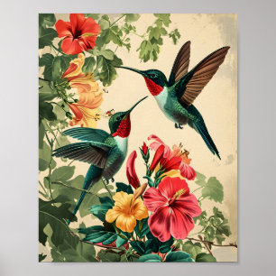 Affiche Colibri et fleurs : Vintage