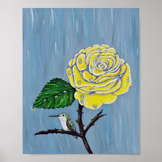 Affiche Colibri et Rose dans la peinture de pluie (Devant)
