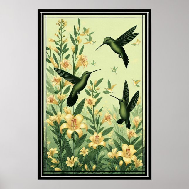 Affiche Colibri gracieux parmi les Lys d'or (Devant)