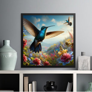 Affiche Colibri gracieux volant au-dessus du champ de fleu