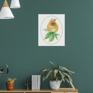 Affiche Colibri roux fantaisiste aquarelle originale