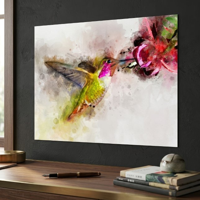 Affiche Colibri se nourrissant sur une fleur rose Aquarell (Hummingbird Feeding on Pink Flower Watercolor. Poster)