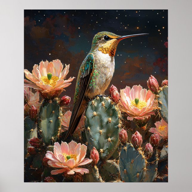 Affiche Colibri sur un cactus en fleurs (Devant)