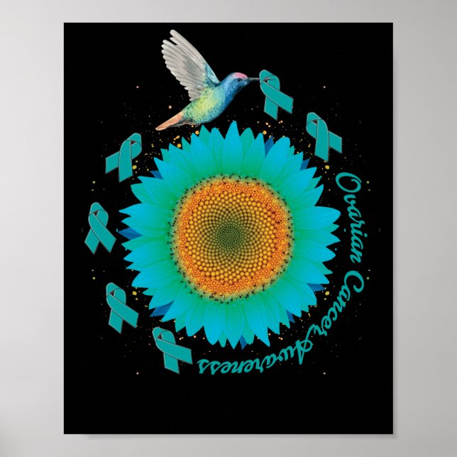 Affiche Colibri Tournesol Turquoise Ruban Cancer de l'ovai (Devant)