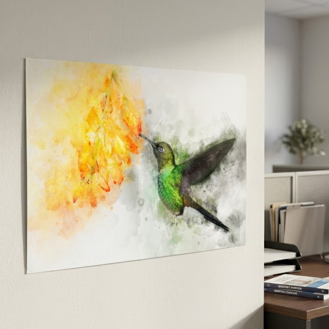 Affiche Colibri vibrant et aquarelle florale jaune (Vibrant Hummingbird and Yellow Floral Watercolor. Poster)