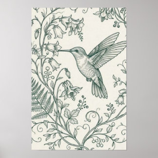 Affiche Colibri vintage et fougère botanique en ligne fine
