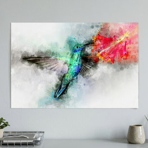 Affiche Colibri volant avec fleur Aquarelle - 01