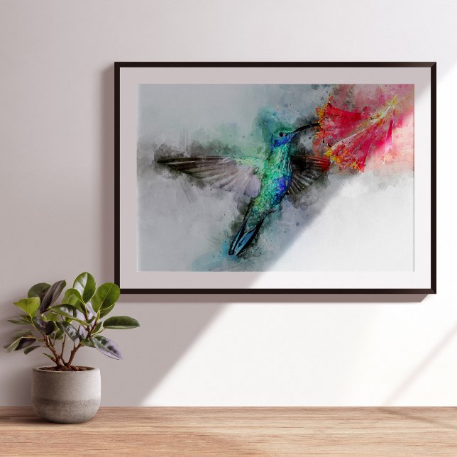 Affiche Colibri volant avec fleur Aquarelle - 01 (Créateur téléchargé)