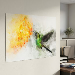 Affiche Colibri volant avec fleur Aquarelle - 02
