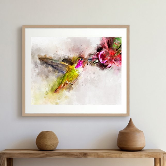 Affiche Colibri volant avec fleur Aquarelle - 04 (Créateur téléchargé)