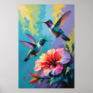 Affiche Colibris colorés avec fleur tropicale vibrante