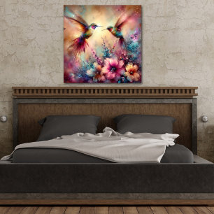 Affiche Colibris Colorés Dans Un Jardin De Fleurs Aquarell