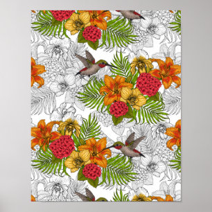 Affiche Colibris et bouquet tropical