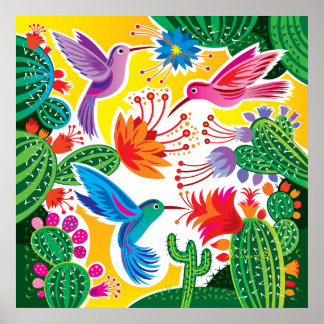 Affiche Colibris et cactus en fleurs