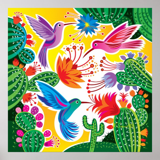 Affiche Colibris et cactus en fleurs (Devant)