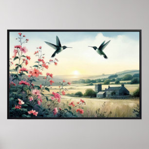 Affiche Colibris et Fleurs sauvages avec cadre en option