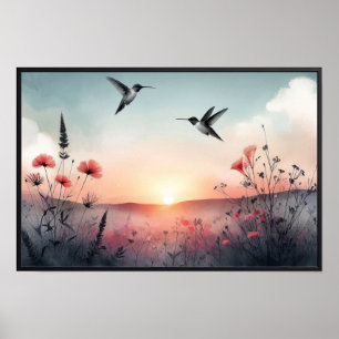 Affiche Colibris et Fleurs sauvages avec cadre en option
