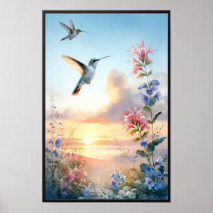 Affiche Colibris et Fleurs sauvages avec cadre en option