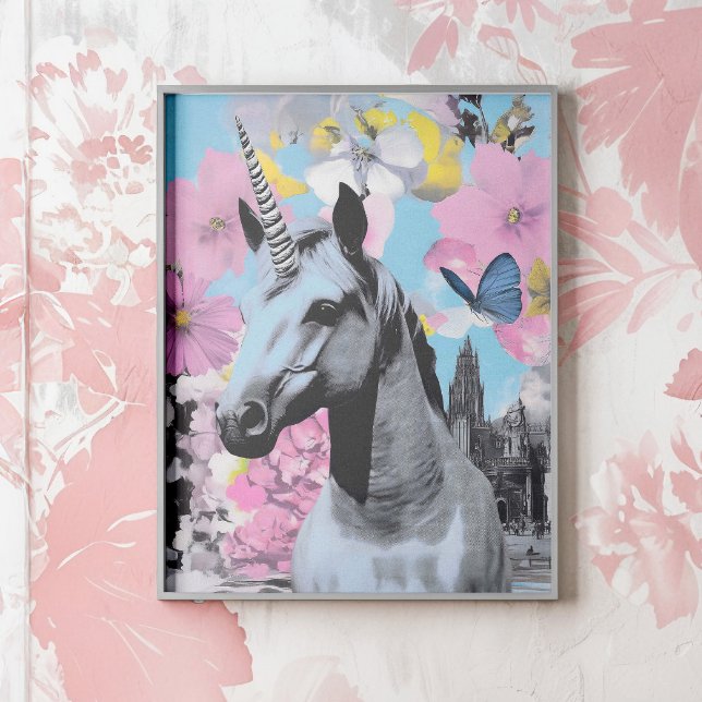 Affiche Collage Art Pop Rose et Unicorne Bleu (Elevate your décor with this standout piece, ideal for lovers of vintage flair.)
