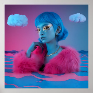 Affiche Collage créatif fille en manteau de fourrure rose