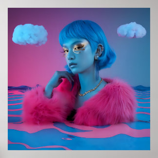 Affiche Collage créatif fille en manteau de fourrure rose