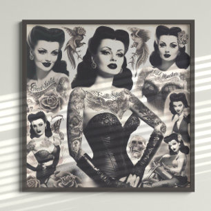 Affiche Collage de femme gothique tatouée vintage