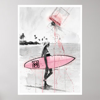 Affiche Collage de mode moderne : surfeuse sur la plage av