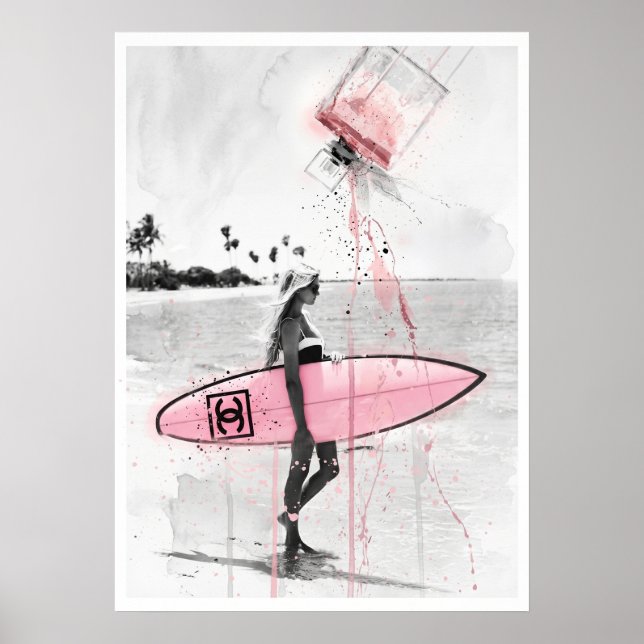 Affiche Collage de mode moderne : surfeuse sur la plage av (Devant)