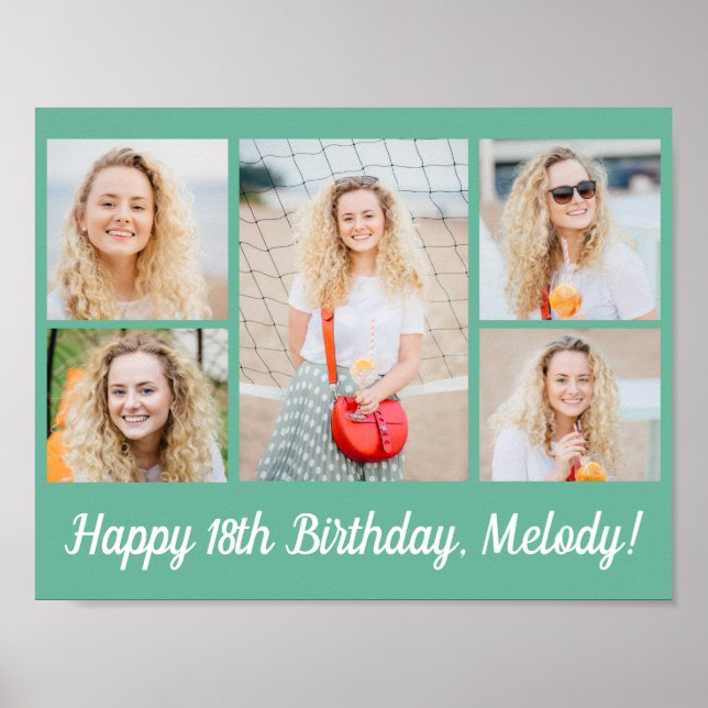 Affiche Collage de photos d'anniversaire chic vert mousse (Devant)