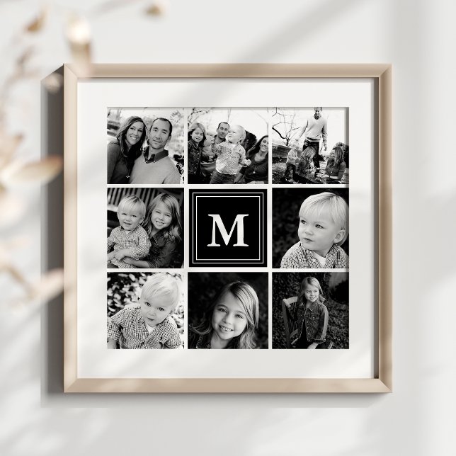 Affiche Collage de photos de famille au monogramme noir (Créateur téléchargé)
