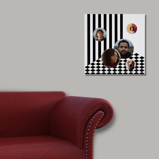 Affiche Collage de photos de famille blanc noir Stripes Ch (Family Photo Collage White Black Stripes Checker Poster)