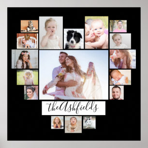 Affiche Collage de photos de famille Coeur 17 photos noir 