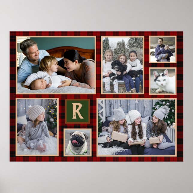 Affiche Collage de photos de famille Monogrammé Rouge Buff (Devant)