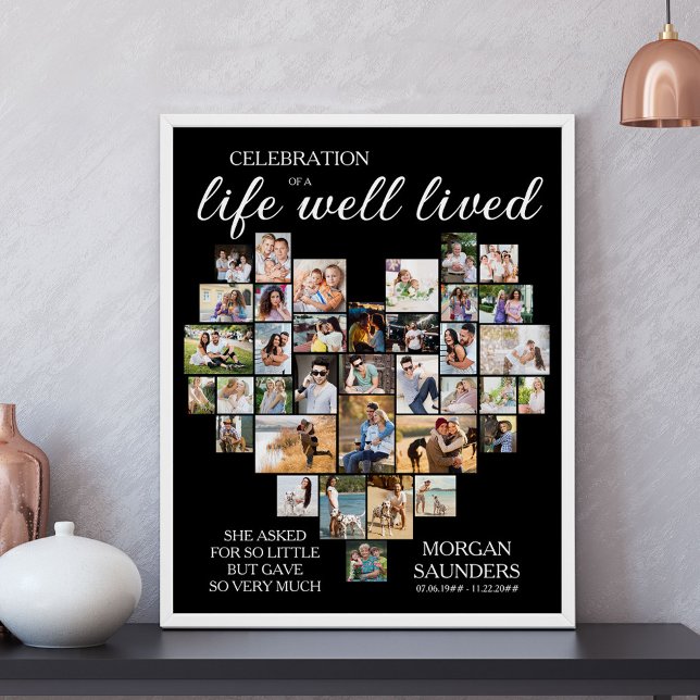 Affiche Collage de photos en forme de cœur pour funéraille (Life Well Lived Photo Collage Memorial Sign - available printed or as a digital download)