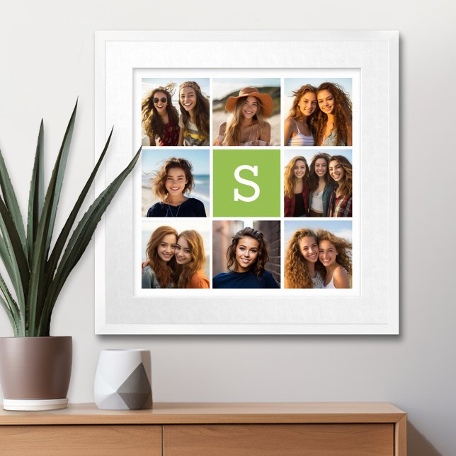 Affiche Collage de photos - Monogramme personnalisé - Vert (Personalized Wall Art with a Photo Collage and Monogram)